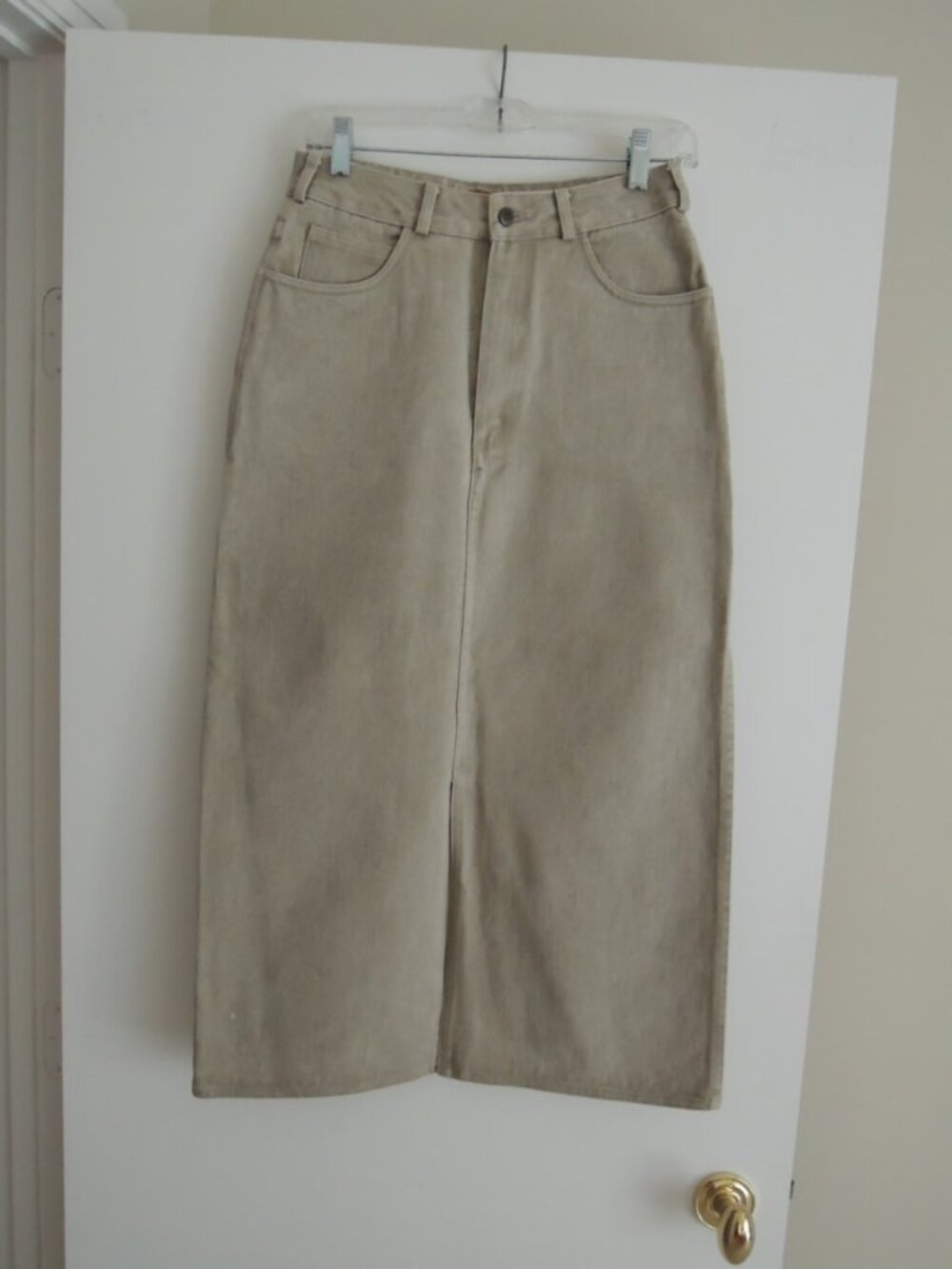 Ladies Midi Skirt Size 8 Khaki Denim 100% Cotton Front Slit Vtg Banana Republic